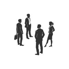 A black vector illustration shows a silhouette group of business people and businessmen in suits, standing for teamwork success