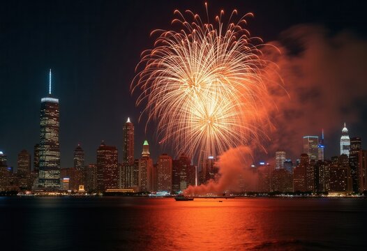 Colorful fireworks exploding over chicago skyline at night