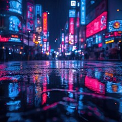 Vibrant cityscape at night with neon signs reflecting on wet pavement in bustling urban area