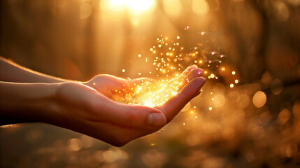 A hand holding a handful of glitter. The glitter is scattered in the air, creating a sparkling effect. Concept of magic and wonder, as if the person is holding a secret or a treasure