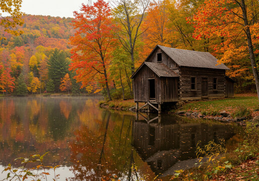 Small cabin by lake, embraced by autumn foliage.