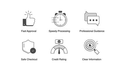 User-Centered Financial Services. Fast Approval, Speedy Processing, Credit Rating, Clear Information, Professional Guidance, Safe Checkout, Help and Support