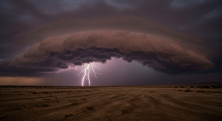 A lightning bolt striking the barren desert, illuminating the vast expanse with intense energy.
