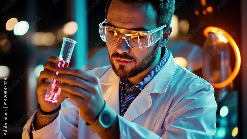 Poster light trails create dynamic backdrop for scientist conducting experiment in laboratory, light trails