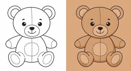 Obraz premium Teddy Bear Illustration Coloring Page and Finished Version for Kids