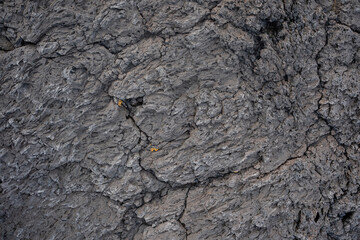 Nahaufnahme einer grau-schwarzen Lava-Textur auf dem Boden. Porös, rissig und steinern, ideal als...