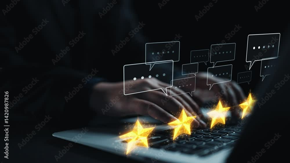Aufkleber hands typing on a laptop keyboard create an engaging scene surrounded by glowing stars and chat bubb