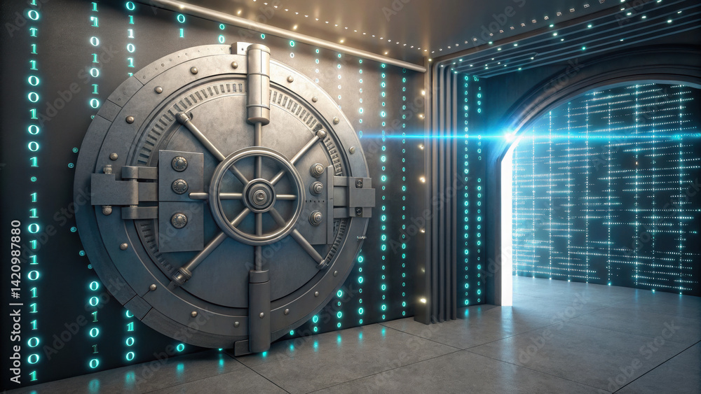 Poster digital vault door locked tight with heavy bolts stands prominently in futuristic corridor illuminat