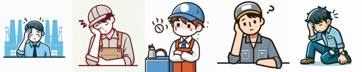 Set Vector of a tired factory worker, simple minimalist and flatdesign white background