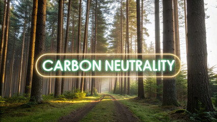 Carbon neutrality is emphasized serene forest setting, showcasing tall trees and peaceful pathway. image conveys sense of tranquility and environmental awareness, highlighting importance