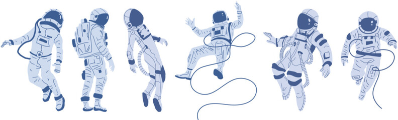 Detailed Set of Floating Astronauts in Space - Minimalist Artwork Showcasing Space Exploration, Adventure, and the Wonders of the Universe