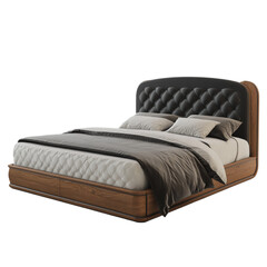 Obraz premium Modern wooden bed with tufted black headboard and gray bedding