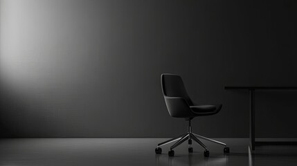 Minimalist black office with modern chair and sleek desk, embodying simplicity and elegance in design.