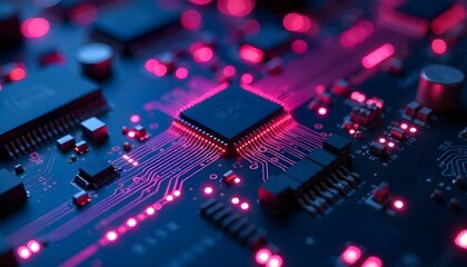 Obraz premium A circuit board with glowing purple and pink lights, the background is dark and the circuit board is angled