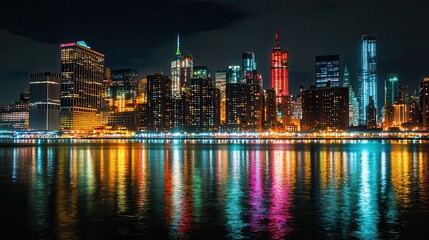 Obraz premium Night cityscape, river reflection, vibrant lights, urban skyline, travel poster