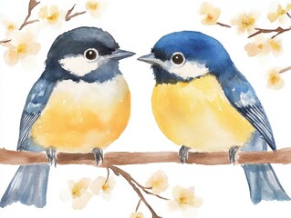 Fototapeta premium Titmouse Serenade Watercolor birds perch amid blossoming branches springs gentle symphony