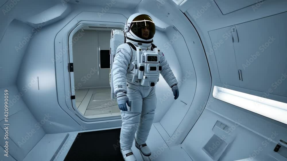 Poster astronaut navigating the tunnel to another compartment during a space mission, astronaut going throu
