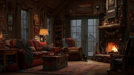 Cozy cabin living room with a fireplace, warm lighting, and rustic decor.