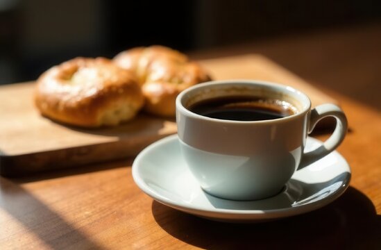 Morning light on fresh coffee and bagels on wooden table