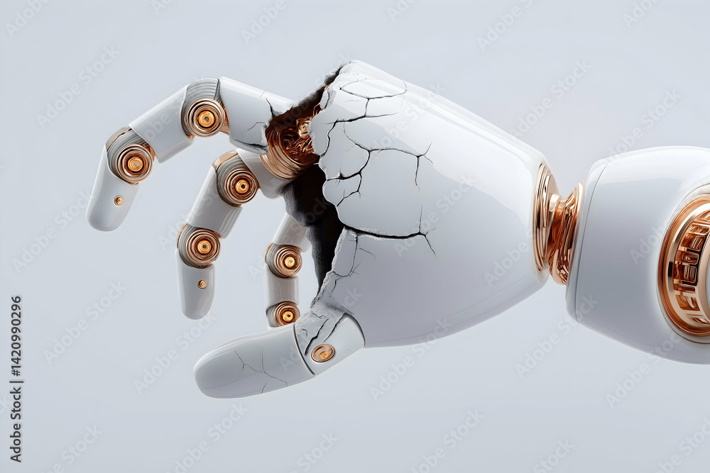 Poster a futuristic, robotic hand with cracks, showcasing a blend of technology and fragility, symbolizing 