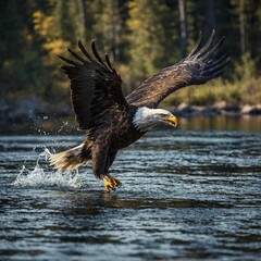 A bald eagle swooping down to catch a fish from a river.