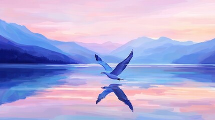 Fototapeta premium Tranquil Flight A bluehued bird soars above serene waters mirroring a mountain vista