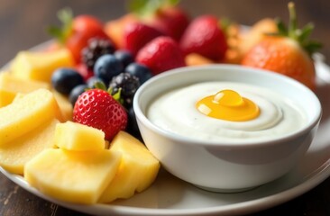 Fototapeta premium Fresh fruit and yogurt breakfast with honey and berries on a plate