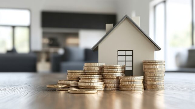 Model house with stacks of coins on a wooden table