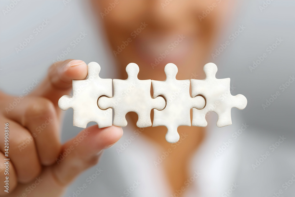 Poster a person holds a small puzzle piece, symbolizing problem-solving and connection in a blurred backgro