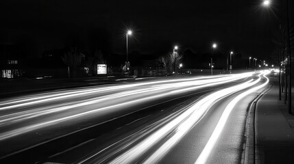Night highway traffic streaks, city background