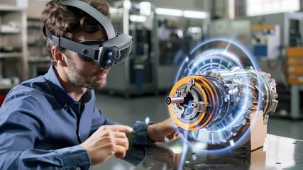 A skilled technician, immersed in virtual reality with advanced VR gear, meticulously examines a complex machine component.