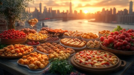 A vibrant sunset feast featuring an array of colorful desserts and fruits overlooking a city skyline