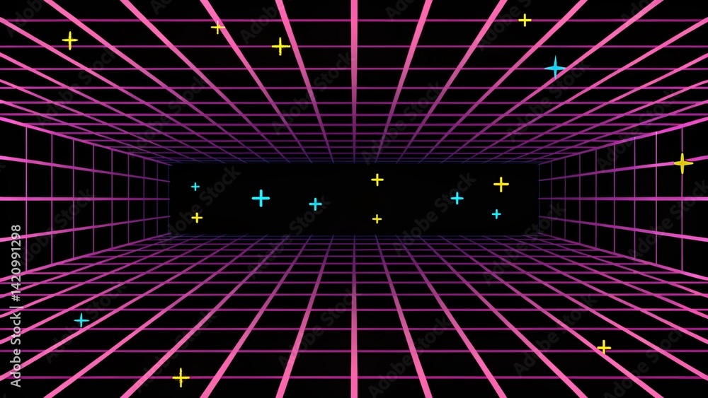Aufkleber Retro cyberpunk style 80s game scene pixel art 8-bit sci-fi background. Futuristic with laser grid landscape. Digital cyber surface style of the 1980`s. Neon colors glowing synth wave night city