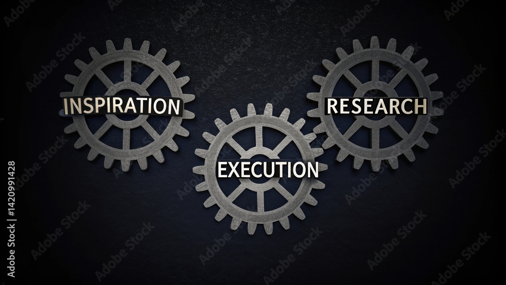 Poster inspiration, research, execution are key components of successful project, represented by interconne