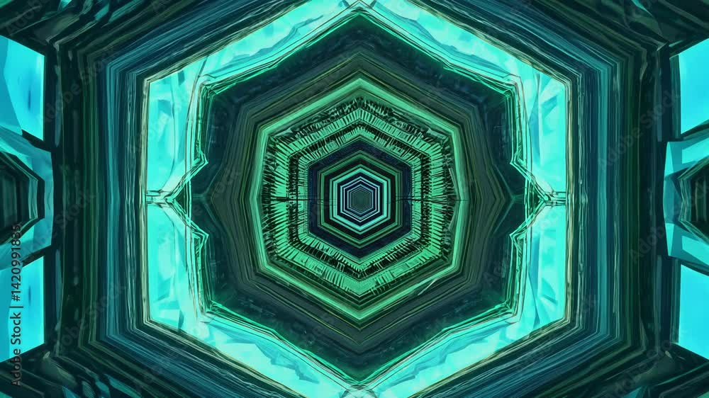Poster camera zooms in on a single hexagon, revealing a complex fractal pattern, using a cool green to blue