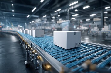 Fototapeta premium Automated Conveyor System Transports Packages Efficiently in Modern Factory Setting