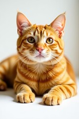Fototapeta premium Close-up of ginger cat laying gracefully on white background, domestic, cat, cute