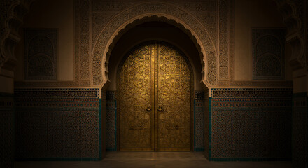 Ornate Golden Double Doors in a Moroccan Archway with Intricate Tilework