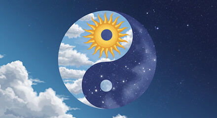 Celestial Yin Yang Symbol Sun Moon Stars Clouds Day and Night Harmony
