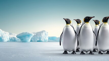 A group of penguins stand together on the ice, under a clear light blue sky