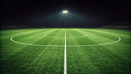 Obraz premium Textured soccer game field with neon fog center, midfield. Glowing stadium lights and misty green grass make it look like a futuristic sports arena full of energy and excitement.