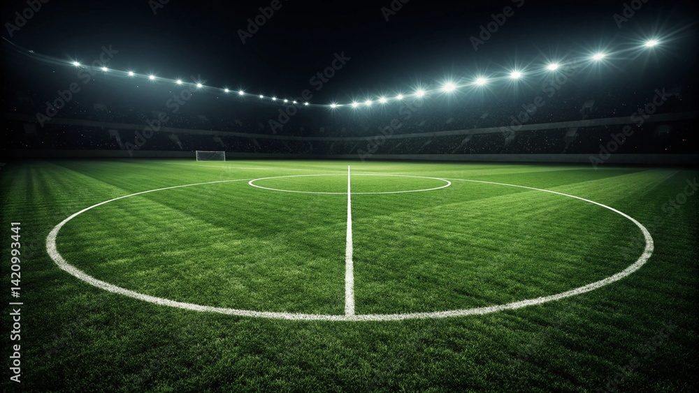 Poster textured soccer game field with neon fog center, midfield. glowing stadium lights and misty green gr