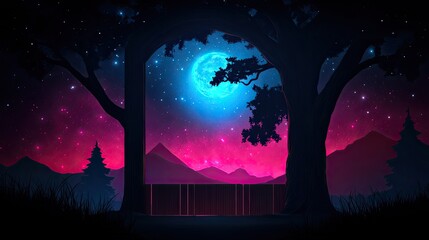 Mystical night scene with archway. Lush trees frame a vibrant moonlit archway.  Mountains rise in the background