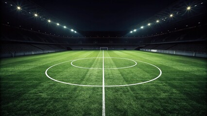 Obraz premium Textured soccer game field with neon fog center, midfield. Glowing stadium lights and misty green grass make it look like a futuristic sports arena full of energy and excitement.