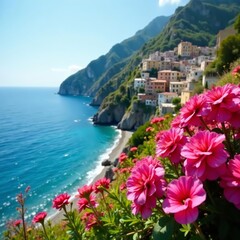 Obraz premium Vibrant flowers on coastal cliffs, Cinque Terre, scenic, coastline