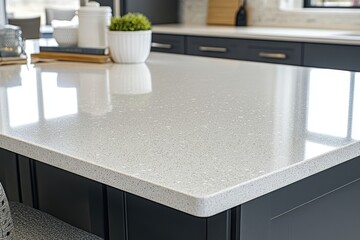Sleek, modern kitchen countertop with a glossy, white quartz surface.  Small decorative items are arranged neatly on the countertop.  Dark gray cabinetry complements the light-toned countertop