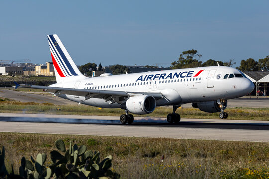 Luqa, Malta - April 19, 2025: Air France Airbus A320-214 (Reg.: F-GKXO) arrivng from Paris CDG as flight no. AF1890.