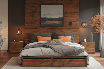 Industrial-style bed with rustic wood and black metal frame, built-in storage and LED-lit walnut headboard in cozy modern bedroom