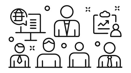 Line editable vector icons representing business presentations, meetings, and public speaking, ideal for slides, reports, and strategic planning visuals.