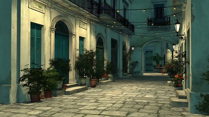 A charming alleyway with potted plants and soft lighting, evoking a serene atmosphere.